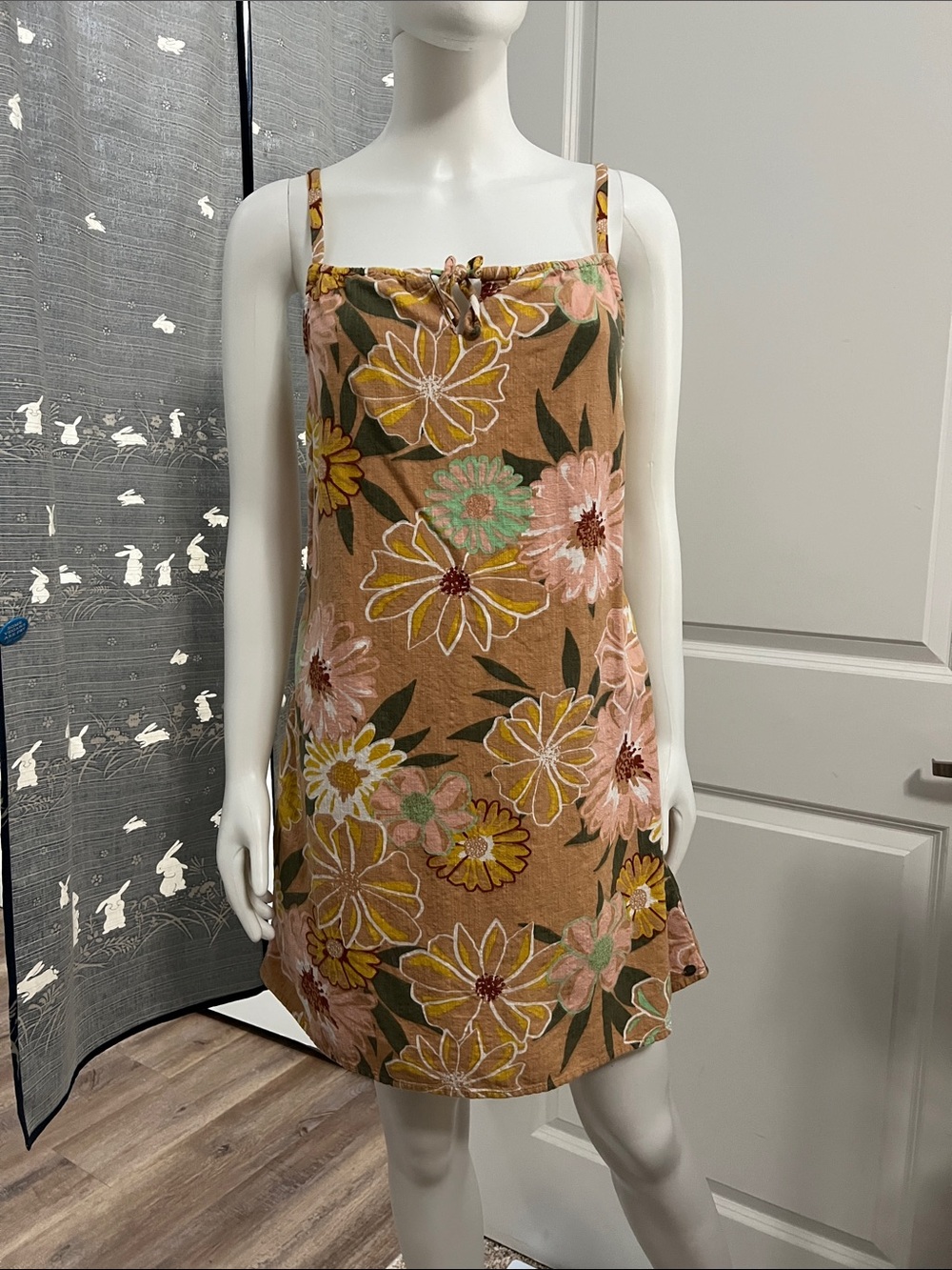 Roxy Tan Floral Spaghetti-Strap Mini Dress